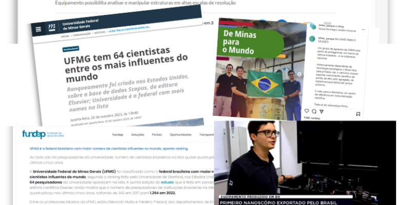Muitas imagens de matérias sobre o ranking dos cientistas mais influentes do mundo e da FabNS com a exportação do nanóscopio